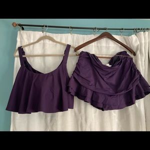 Lands End Plum Swimsuit Skirt and Bikini Top Flounce BlackBerry set